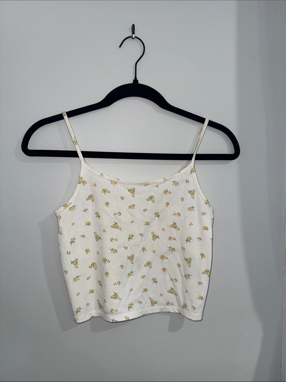 American Eagle Outfitters White Floral Ribbed Cami with Yellow Print